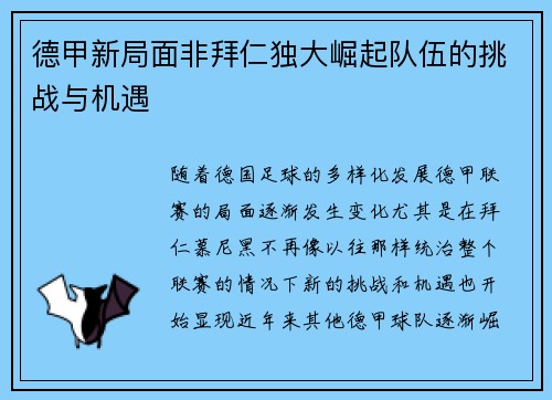 德甲新局面非拜仁独大崛起队伍的挑战与机遇