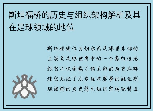 斯坦福桥的历史与组织架构解析及其在足球领域的地位 斯坦福桥的历史与组织架构解析及其在足球领域的地位