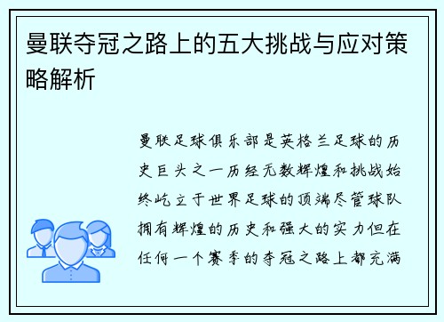 曼联夺冠之路上的五大挑战与应对策略解析