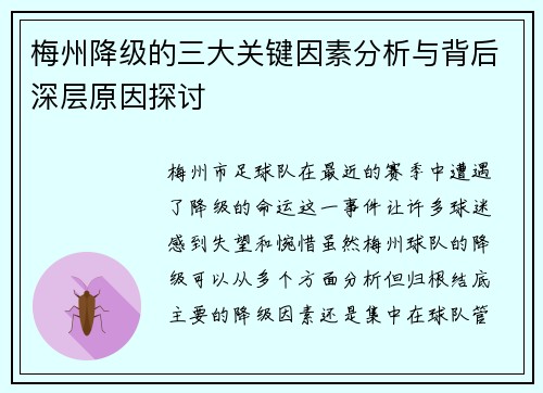 梅州降级的三大关键因素分析与背后深层原因探讨