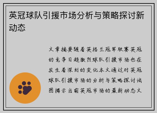 英冠球队引援市场分析与策略探讨新动态